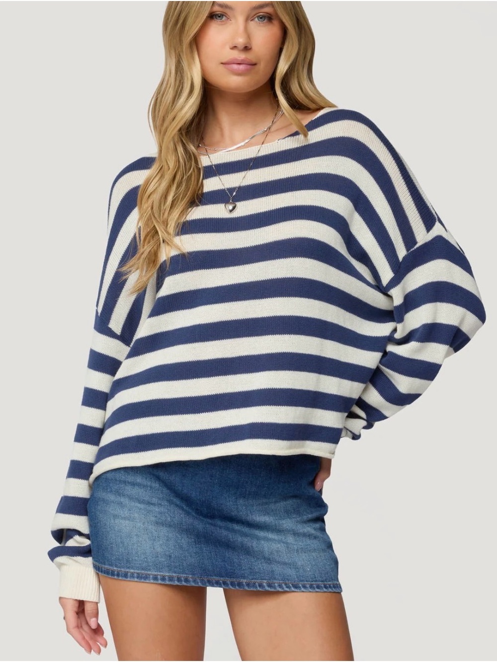 Edikted Navy and White Striped Crew Sweater
